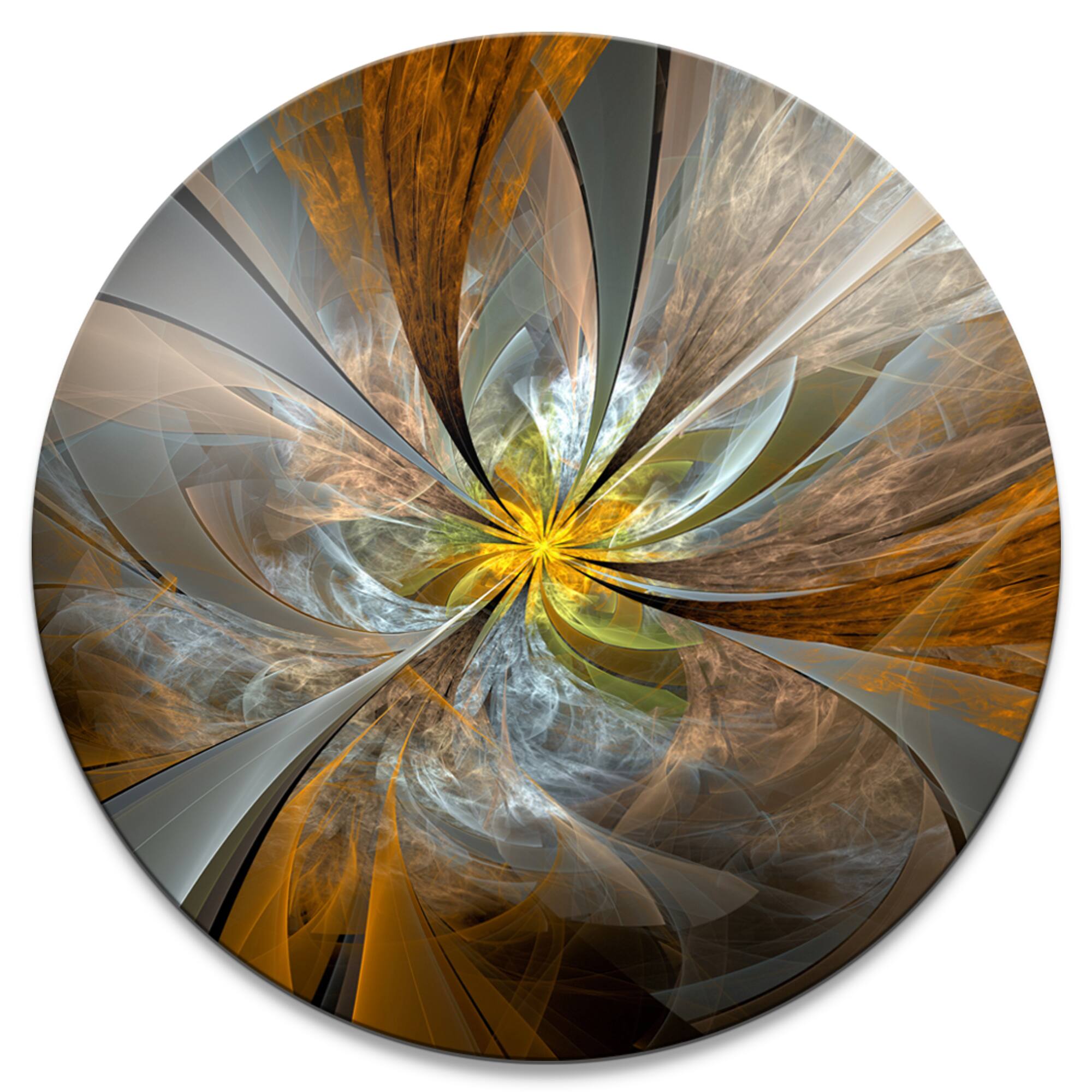 Designart Contemporary Symmetrical Yellow Fractal Flower Large Metal Wall Art Disc